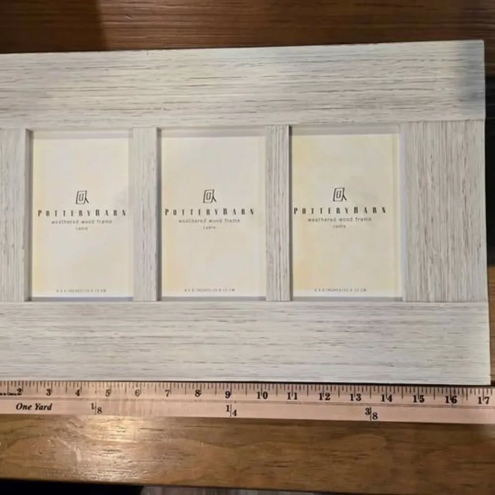Pottery Barn weathered wood photo frame, featuring three 4x6 inch slots.